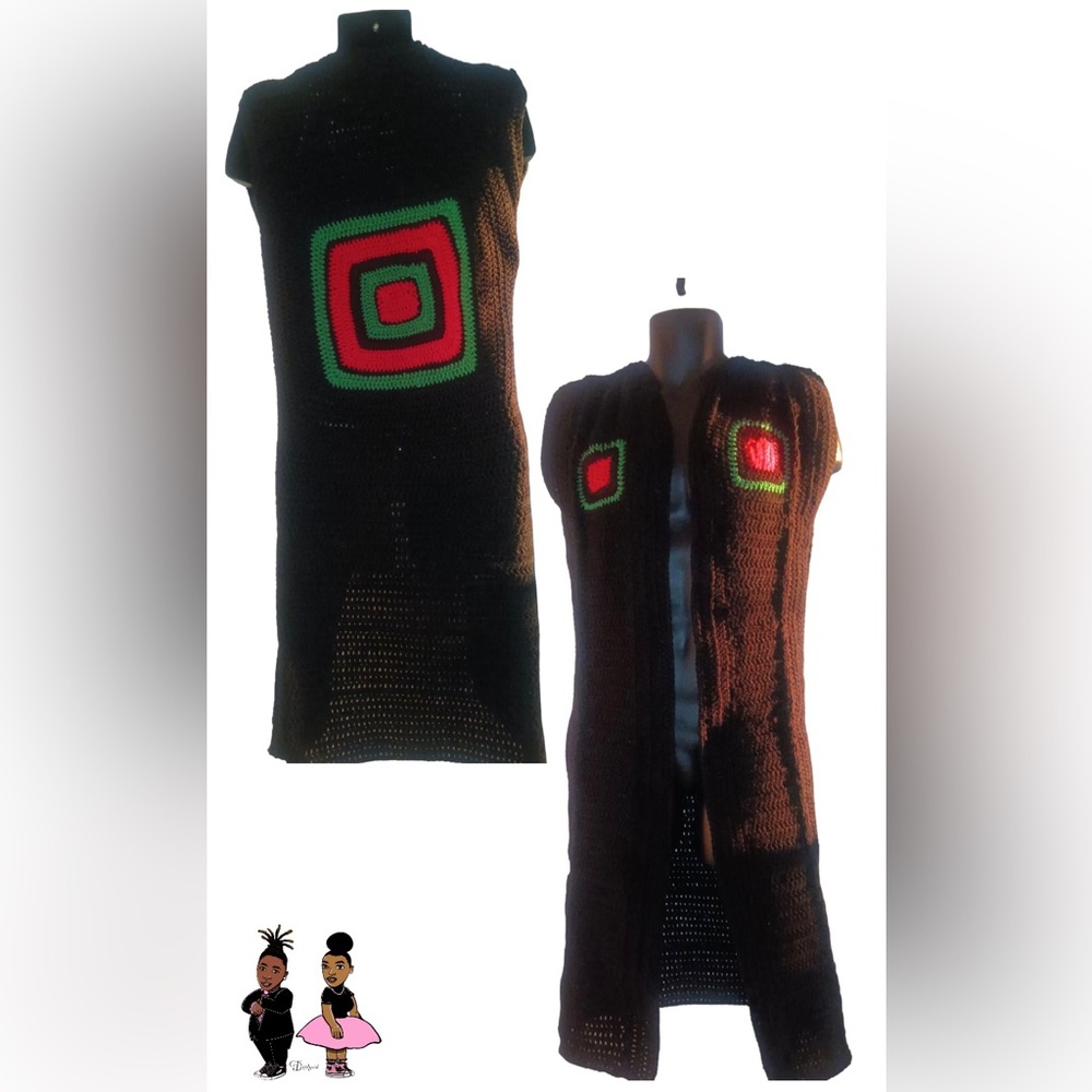 Crochet Sleeveless One Button or Belt no pockets Cardigan